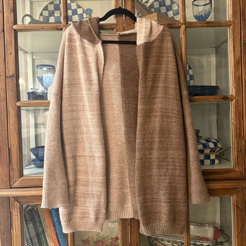 Neutral & Brown Colorblock Hooded Cardigan Medium Cozy Open Front